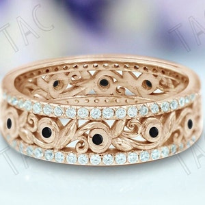 Art Deco Onyx Engagement Band Unique Filigree Design Wedding Band 14k Rose Gold Band Vintage Bridal Promise Band For Women Anniversary Gift