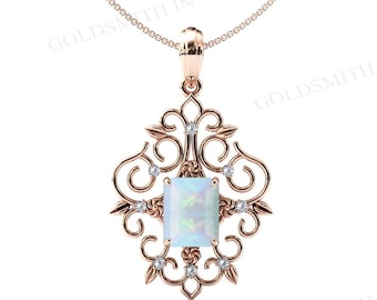 Opal Pendant For Women Wedding Pendant Art Deco Filigree Style Pendant Emerald Cut Opal Pendant Statement Necklace Women Anniversary Gift