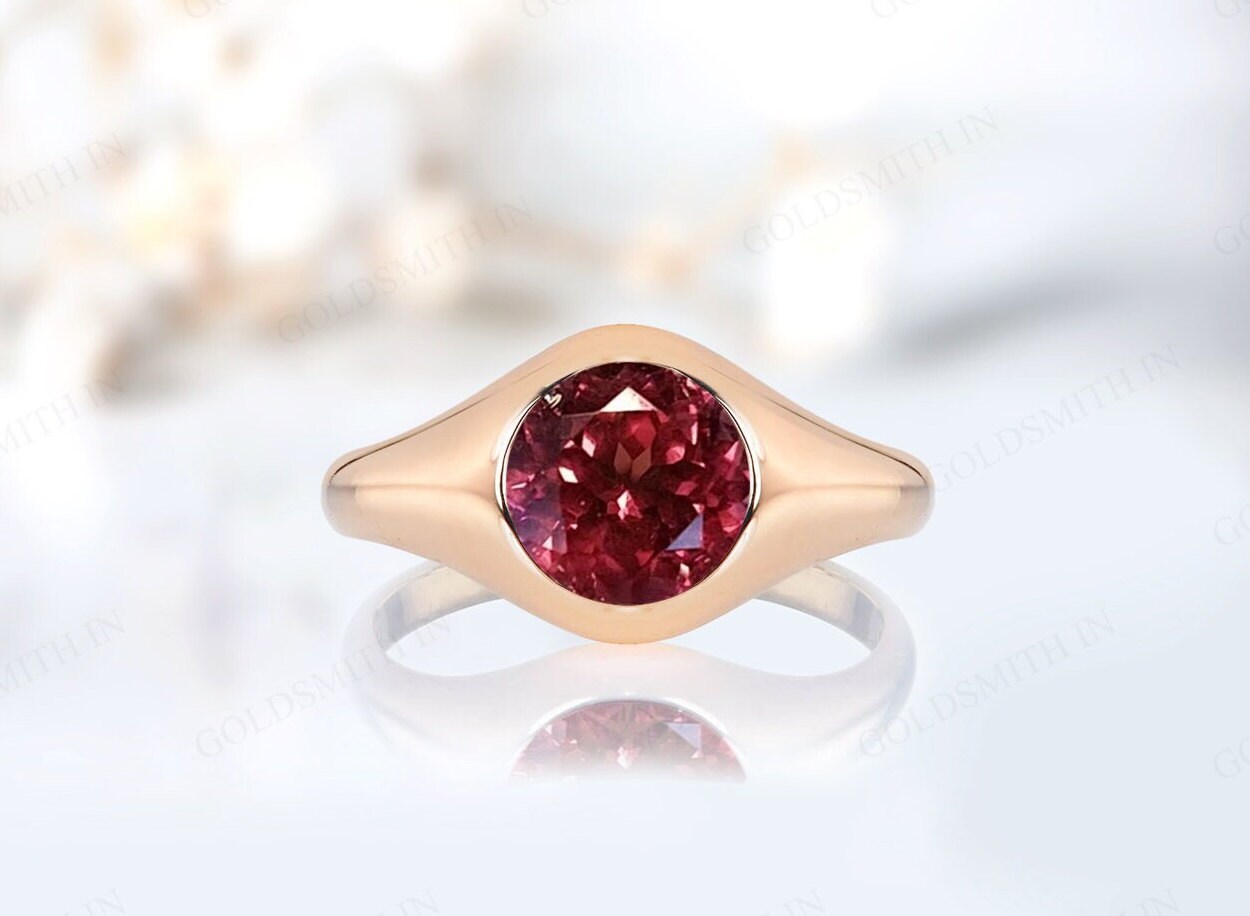 Natural Malaya Garnet Signet Wedding Ring for Women 14k Gold