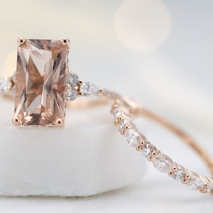 Beautiful Art Deco Morganite Engagement Ring Set Antique Emerald Cut Morganite Wedding Ring Set 14k Rose Gold Diamond Bridal Promise Ring