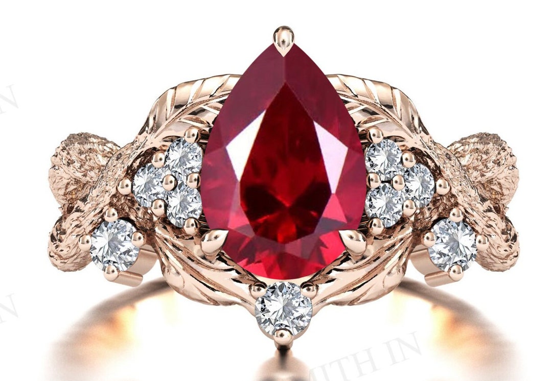Vintage Art Deco Ruby Engagement Ring Branch Texture Ruby Ring for