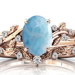 Art Deco Larimar Engagement Ring Set Oval Cut Vintage Wedding Ring Set 14k Gold Antique Larimar Bridal Ring Set For Women Anniversary Gift