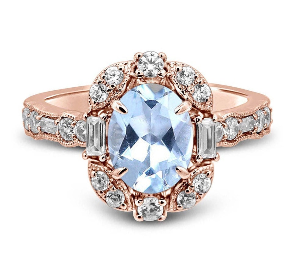 Antique Aquamarine Engagement Ring Women Aquamarine Wedding Etsy