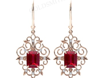 Vintage Ruby Earrings For Women Wedding Earrings Art Deco Filigree Style Earrings Red Gemstone Earrings 925 Silver Emerald Cut Ruby Earrings