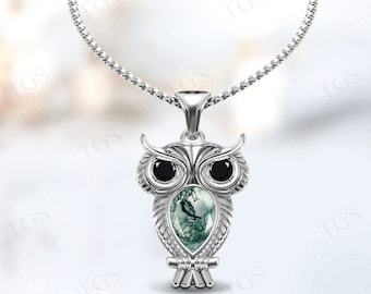Unique Moss Agate Pendant For Women Rose Gold Art Deco Moss Agate Animal Pendant Vintage Owl Lucky Charm Necklace Pear Shaped Owl Pendant