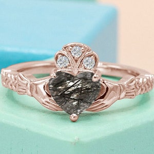 Heart Shaped Black Rutilated Engagement Ring Claddagh Style Ring For Women Antique Art Deco Wedding Ring 925 Silver Black Rutile Bridal Ring