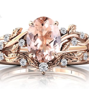 Antique Morganite Engagement Ring Set Art Deco Leaf Design Wedding Ring Set 2 Pcs Unique Bridal Promise Ring Set Vintage Anniversary Ring Se