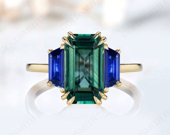 Color Changing Teal Sapphire Engagement Ring Vintage Multi Gemstone Ring Emerald Cut Teal Sapphire Wedding Ring Unique Tanzanite Bridal Ring