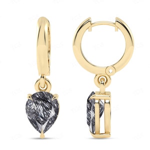 Black Rutilated Quartz Tear Drop Hoop Earrings For Women 14k Gold Quartz Hoop Earrings Unique Rutilated Quartz Wedding Earrings For Wife