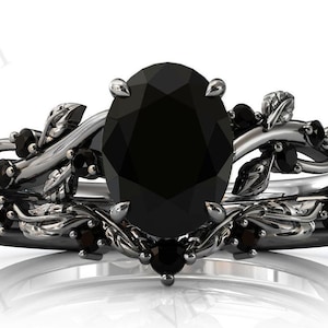 Antique Black Onyx Engagement Ring Set Art Deco Black Onyx Wedding Ring Set Vintage Vine Leaf Style Bridal Promise Ring Set Anniversary Gift
