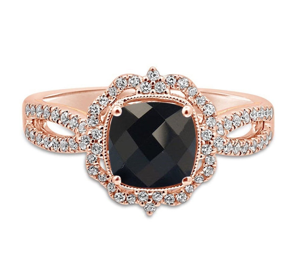 14k Rose Gold Black Onyx Wedding Ring Unique Art Deco Onyx Etsy