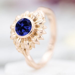 Sunflower Blue Sapphire Engagement 14k Rose Gold Vintage Sapphire Wedding Ring Vintage Floral Bridal Anniversary Ring Unique Promise Ring