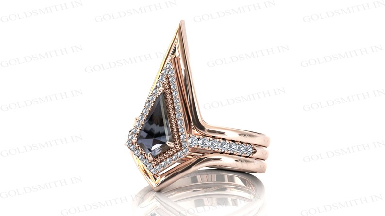 Kite Shaped Grey Spinel Engagement Ring Set Antique Grey Spinel Halo ...