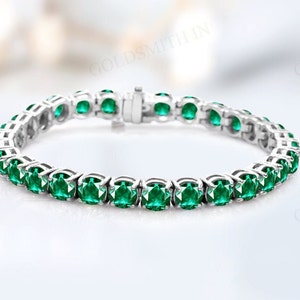 Unique Emerald Bracelet For Women 925 Silver Emerald Tennis Bracelet Green Gemstone Bracelet Art Deco Tennis Bracelet Anniversary Gift