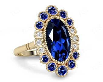 Unique Blue Sapphire Engagement Ring For Women 14k Gold Statement Ring Art Deco Large Gemstone Ring Vintage Blue Sapphire Wedding Ring