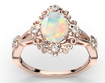 Vintage Floral Style Opal Engagement Ring Rose Gold Opal Engagement Ring Australian Opal Wedding Ring Art Deco Opal Anniversary Engagement