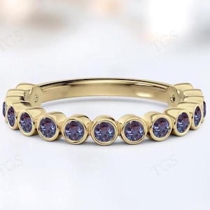 Bezel Set Alexandrite Half Eternity Band For Woman 14k Gold Alexandrite Wedding Band Unique Stacking Band Art Deco Anniversary Gift For Her