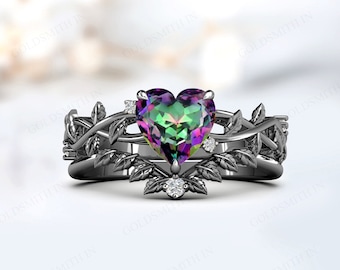 Bio Color Mystic Topaz Wedding Ring Set For Women Vintage Leaf Style Mystic Topaz Engagement Ring Set Art Deco Heart Cut Gemstone Ring Set