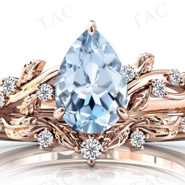 Art Deco Leaf Style Aquamarine Engagement Ring Set Pear Shaped Aquamarine Wedding Ring Set Antique Bridal Promise Ring Set Anniversary Gift
