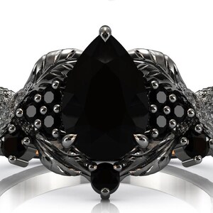 Vintage Pear Shaped Black Onyx Wedding Ring Branch Texture Black Onyx Engagement Ring Tree Texture Ring Art Deco Leaf Design Bridal Ring