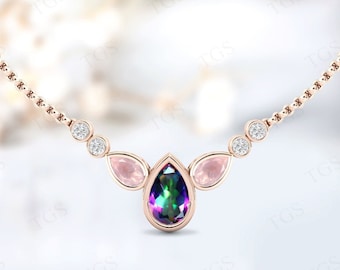 Collana con topazio mistico per donna Collana unica con pietre preziose a forma di pera Collana con topazio mistico in oro rosa per lei Collana da sposa in stile Art Déco