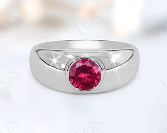 Anillo de sello de rubí rojo único para mujeres Anillo solitario de rubí de forma redonda Anillo de declaración de mujeres Anillo de rubí de plata de ley 925 Regalo de aniversario