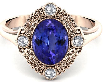 Art Deco Filigree Design Tanzanite Engagement Ring Unique Leaf Style Wedding Ring 925 Silver Tanzanite Bridal Promise Ring Anniversary Gift