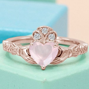 Heart Shaped Rose Quartz Engagement Ring Art Deco Claddagh Style Wedding Ring 925 Silver Rose Quartz Bridal Promise Ring Anniversary Gift