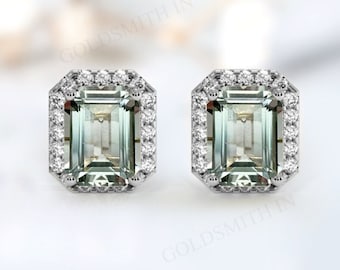 Unique Emerald Cut Green Amethyst Earrings For Women 14k Gold Amethyst Stud Earrings Art Deco Wedding Earrings Antique Handmade Earrings