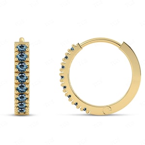 Dainty London Blue Topaz Hoop Earrings For Women Unique Minimalist London Blue Topaz Wedding Earrings Art Deco Topaz Huggie Hoop Earrings