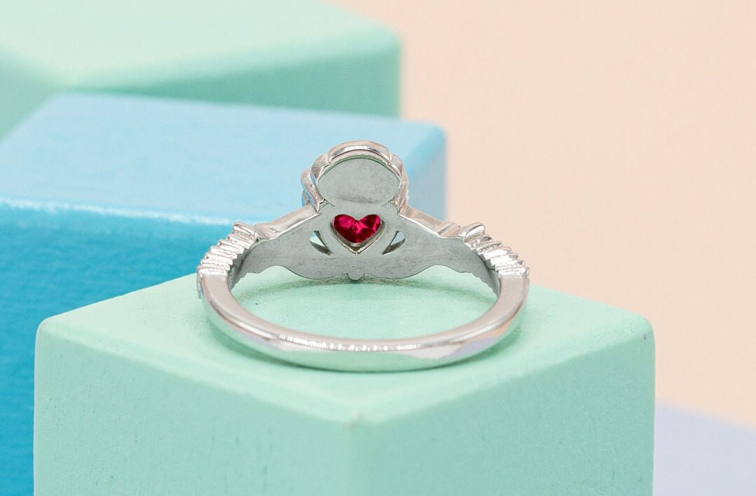 Claddagh Style Ruby Engagement Ring Art Deco Heart Shaped Ruby Wedding ...