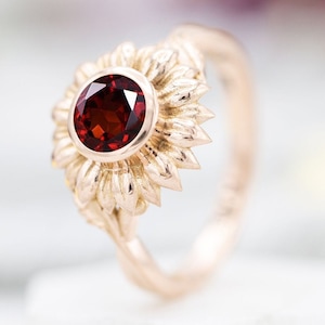 Sunflower Red Garnet Engagement Ring 14k Rose Gold Garnet Wedding Ring Art Deco Bridal Anniversary Ring For Women Unique Floral Promise Ring