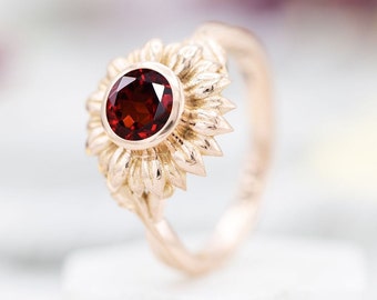 Sunflower Red Garnet Engagement Ring 14k Rose Gold Garnet Wedding Ring Art Deco Bridal Anniversary Ring For Women Unique Floral Promise Ring