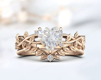 Heart Cut Moissanite Engagement Ring Set For Women 14k Gold Moissanite Bridal Ring Set Vintage Leaf Design Wedding Ring Set Anniversary Gift