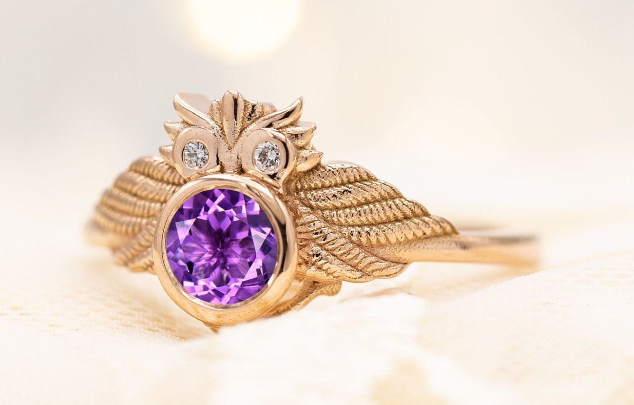 Art Deco Owl Amethyst Engagement Ring Unique Amethyst Wedding Ring 14k Gold Vintage Bridal Promise R