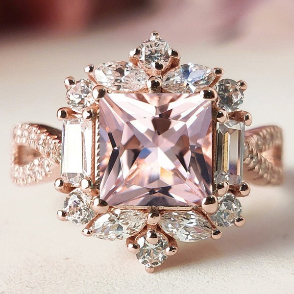 Peach Morganite Engagement Ring Antique Princess Cut Wedding Ring Vintage Bridal Ring Unique Morganite Promise Ring Art Deco AnniversaryRing