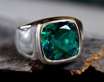 14k White Gold Green Emerald Ring Sterling Silver Signet Ring For Men Lab Green Emerald Ring Men Statement Ring Unique Emerald Ring For Men