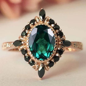 14k Rose Gold Emerald Engagement Ring Oval Cut Antique Emerald Wedding Ring Vintage Bridal Promise Ring Unique Art Deco Anniversary Ring
