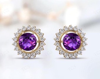 Unique Amethyst Halo Earrings For Women 925 Silver Amethyst Wedding Earrings Women Stud Earrings Rose Gold Earrings Anniversary Gift For Her