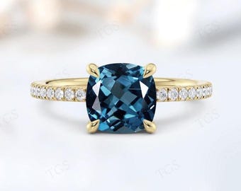 Natural London Blue Topaz Engagement Ring For Women Cushion Cut Blue Gemstone Ring 925 Silver London Blue Topaz Solitaire Wedding Ring