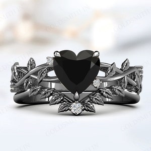 Conjunto de anéis de noivado de ônix preto estilo folha de videira para mulheres conjunto de anéis de casamento de ônix preto em formato de coração art déco conjunto de anéis de compromisso de noiva antigo