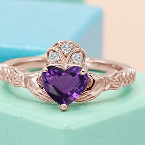Unique Amethyst Engagement Ring Art Deco Claddagh Style Wedding Ring Heart Shape Amethyst Bridal Promise Ring For Women Anniversary Gift