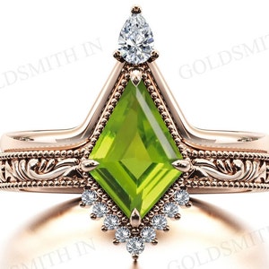 Art Deco Kite Shaped Peridot Engagement Ring Set 14k Rose Gold Peridot Wedding Ring Set Vintage Peridot 2 Piece Bridal Anniversary Ring Set