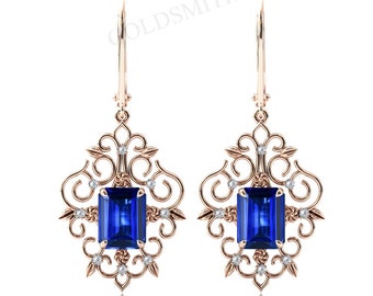 925 pendientes de tanzanita de plata para mujeres Art Deco filigrana estilo arete de boda Arete de novia en forma de esmeralda Arete nupcial de tanzanita Pendiente de estilo único
