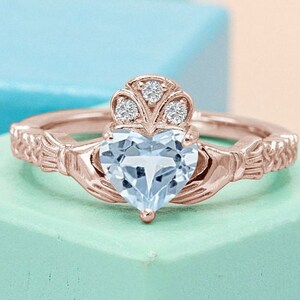 Art Deco Claddagh Style Aquamarine Engagement Ring Heart Shaped Aquamarine Wedding Ring Vintage Bridal Anniversary Promise Ring For Women