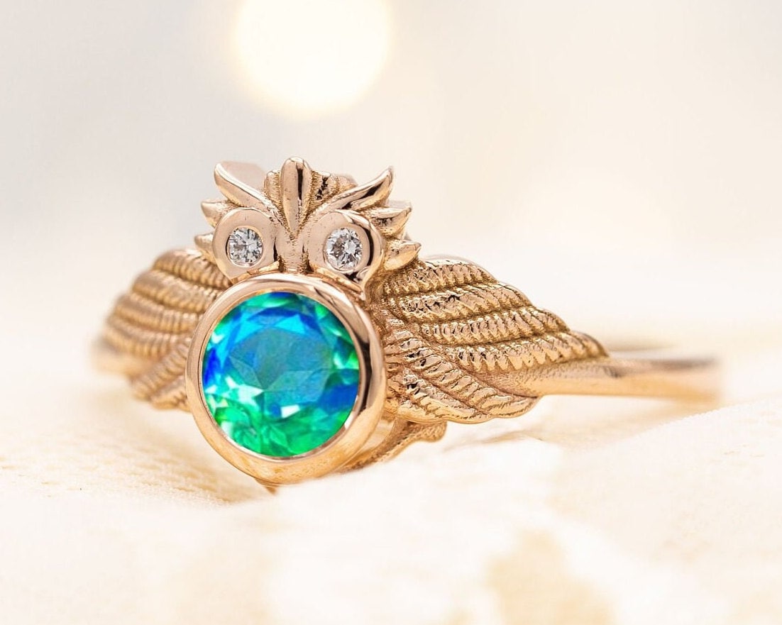 Unique Owl Cut Peacock Quartz Engagement Ring Art Deco Bio Color Gemstone Ring 14k Rose Gold Peacock