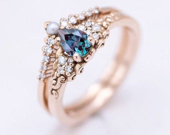 Conjunto de anel de noivado Art Deco Alexandrite Corte de pêra Alexandrite Conjunto de anel de casamento Vintage Conjunto de anel de promessa de noiva Conjunto exclusivo de anel de compromisso feminino
