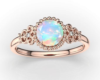 Unique Style Opal Art Deco Engagement Ring Rose Gold Opal Engagement Ring Australian Opal Wedding Ring Art Deco Opal Anniversary Ring