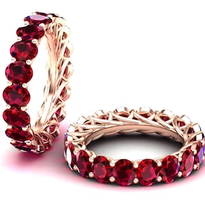 Antique Full Eternity Wedding Band Oval Cut Vintage Red Garnet Wedding Band Garnet Stacking Bridal Ring Solid Rose Gold Anniversary Gift Her