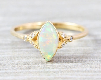 Marquise Shape Opal Engagement Ring 14k Rose Gold Art Deco Opal Engagement Ring Unique Opal Wedding Ring Opal Anniversary Ring Promise Ring